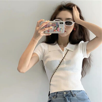 梦梦奇上衣夏季女装短款搭配半身裙子的polo领收腰针织短袖t恤女夏