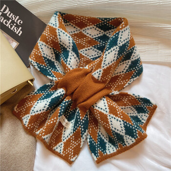 skgoldy小围巾护脖小围巾菱格短款女秋冬交叉针织围脖韩版拼色百搭