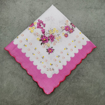 牙边小花小手帕碎花月牙边女士儿童汗巾老人随身手绢怀旧蔷薇花粉色