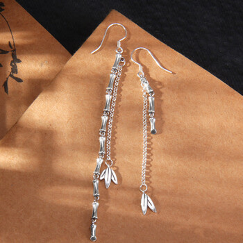 century kudos银长款流苏竹叶不对称耳环女国风设计古典泰银古风文艺