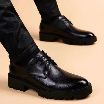 英伦商务正装男鞋夏季潮流内增高大头休闲圆头皮鞋 黑色纹路款内增高