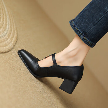 头带扣单鞋女2023秋季复古黑色粗跟小皮鞋软羊皮低跟丁字女鞋黑色34