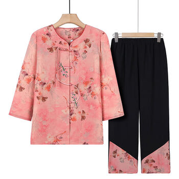nqhk汉服成人女妈妈夏装套装中老年装t恤衣服奶奶夏季衬衫七分衬衣老