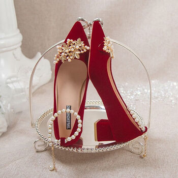 结婚新娘鞋2023年新款粗跟红色两穿高跟鞋女礼服敬酒鞋酒红色2厘米34