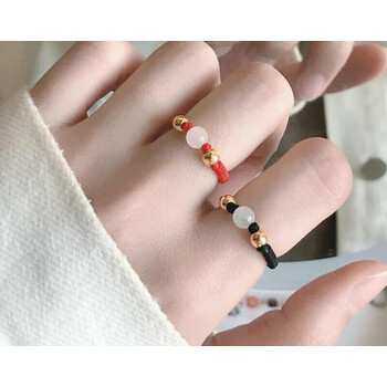 格洛美老凤凰黄金小金珠戒指女足金黄金戒指转运珠男女情侣款编织红绳