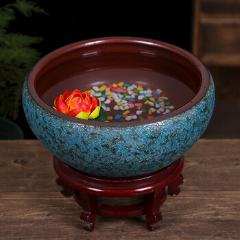 园艺以琛陶瓷鱼缸仿古桌面摆件大号睡莲荷花盆铁锈蓝小号矮底座五彩石