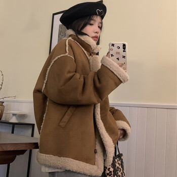 款女毛茸茸复古拼接加厚羊羔毛绒女宽松夹棉立领皮毛一体夹克上衣服