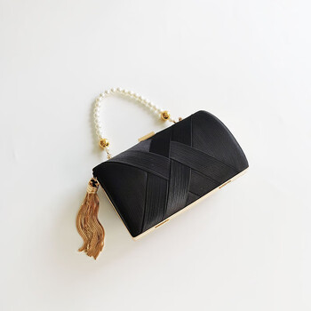 逗蔻丝绸流苏手拿包女气质宴会小包感旗袍礼服纯色手拎手提包黑色
