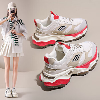 百丽女2024年新款网红厚底增高休闲运动鞋女2024春夏季新款高颜值米红