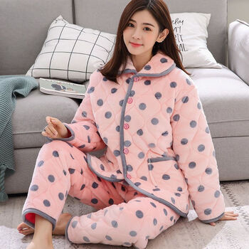 睡衣女法兰绒夹棉家居服冬季三层加厚韩版女款夹棉袄保暖睡衣套装