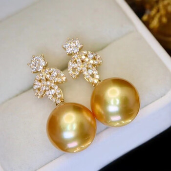 南洋半岛南洋金珍珠耳环海水耳饰耳钉18k金镶钻石轻奢送生日礼物11mm