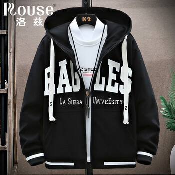 洛兹(rouse)夹克外套男青少年连帽潮流时尚学生帅气男装休闲上衣 黑色