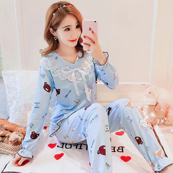 纯棉套装秋冬天薄款公主风2023年新款可爱家居服 浅蓝色 蕾丝狐狸头 s