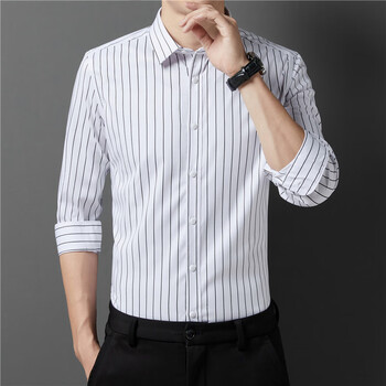 利郎lilanz夏季条纹长袖衬衫男士青年竹纤维无痕商务休闲衬衣白色4xl