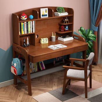 2022新款 实木书桌书架一体电脑桌小户型学习桌卧室写字台家用 胡桃色