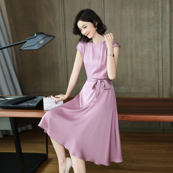 品牌女装 重磅真丝连衣裙女短袖系带中长款2021新款纯色丝滑气质杭州