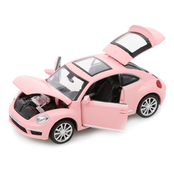 大众甲壳虫1:32仿真合金车模声光回力四开门儿童玩具汽车模型 粉色盒装带底座