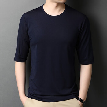 他她怡夏季含桑蚕丝中袖恤圆领纯色莫代尔半袖薄款百搭体恤男汗衫藏青