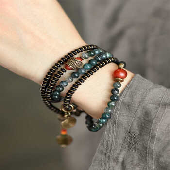 宜炫原创复古水草玛瑙圆珠多层手链女混搭铜珠个性手串文艺民族风手饰