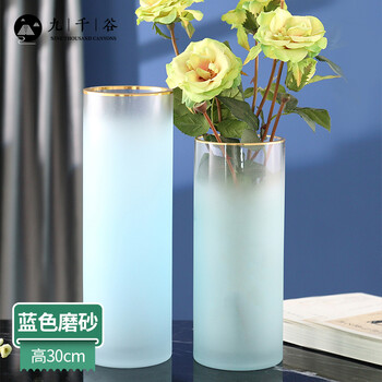 九千谷花瓶花艺 九千谷玻璃花瓶摆件磨砂蓝色现代简约仿真花插花器欧式室内装饰品富贵竹百合玫瑰水培容器高30cm5662 行情报价价格评测 京东