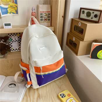 升南双肩包女原宿风日系简约风初中高中大学生撞色大容量帆布书包女橘