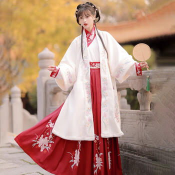 汉服女冬季毛呢加绒加厚袄裙对襟交领长袄古装襦裙三件套白色长衫红边