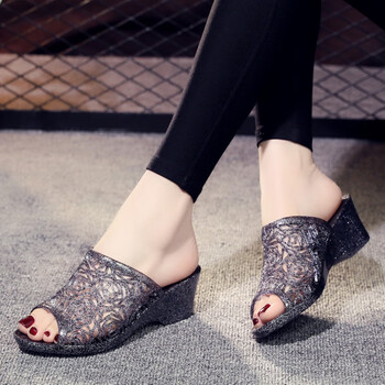 【】新款水晶塑料坡跟拖鞋女夏季妈妈高跟防滑凉拖鞋室内室外女鞋