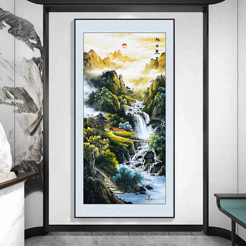 玄关画竖版走廊过道壁画中式新中式挂画bm101旭日东升4080尊贵金色铝