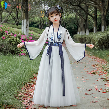 bitced汉服女童春秋民国风女孩古装中国风儿童短袖两件套仙中大童唐装