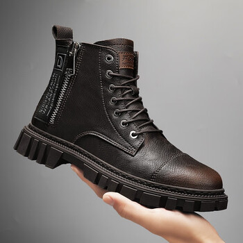 wicky 马丁靴男冬季靴子男短靴英伦风侧拉链高帮皮鞋黑色复古工装靴