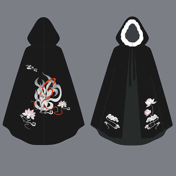 山海经九尾狐汉服男九尾灵狐斗篷女重工刺绣冬季加厚披风 黑色加绒