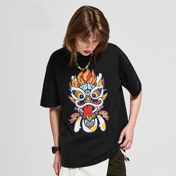 肯昔国粹醒狮街头休闲国潮醒狮印花宽松男女同款短袖情侣t恤黑色狮子