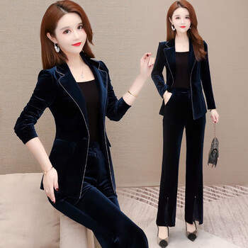 珂璐薇金丝绒小西装套装女气质春装2021年新款洋气修身西服阔腿裤两件