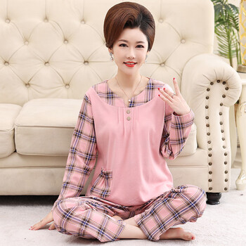 skgoldy中年妈妈睡衣女春秋款纯棉中老年人套头长袖秋季加大码家居服