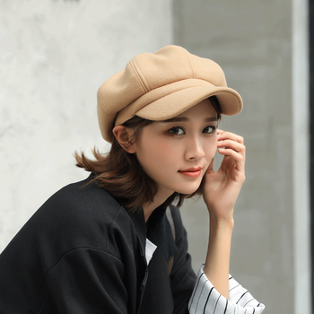 女春款韩版八角帽日系百搭贝雷帽英伦画家帽ins时尚蓓蕾毛呢 卡其色