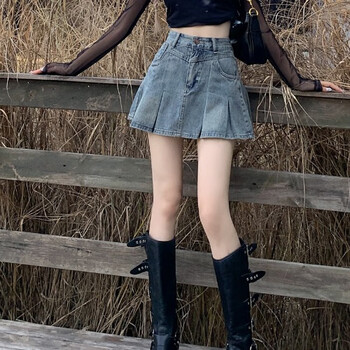 iosn美式复古牛仔半身裙女夏季2024新款百褶裙小个子高腰显瘦a字短裙
