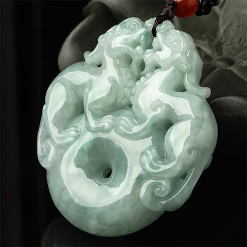 东方翡翠 糯种双麒麟平安扣天然翡翠吊坠 玉石男士挂绳吊坠