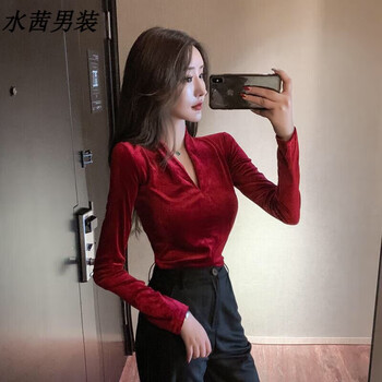 优雅早春复古气质纯色百搭v领打底衫上衣女装t恤时尚新款 酒红色 xl