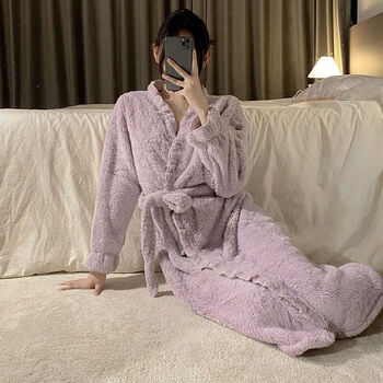 睿爸新款睡袍女秋冬季性感珊瑚绒加厚加绒长款睡衣洗澡浴袍家居服5615