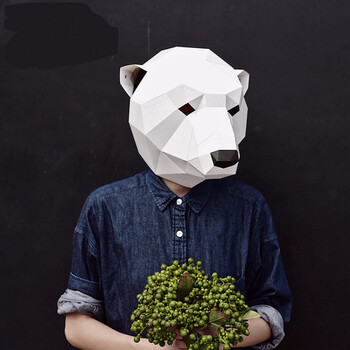 北极熊面具动物头套 抖音创意设计纸艺儿童男女话剧道具感摆件 白色