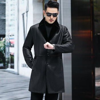 男士真皮皮衣中长款皮毛一体皮草外套秋冬季西装领绵羊皮大衣 黑色