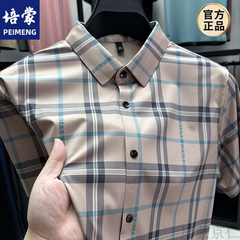 培蒙格子短袖衬衫男商务休闲免烫男士衬衣冰丝透气男装寸衫夏季上衣潮
