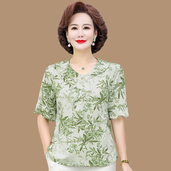 埕西妈妈t恤中年装洋气碎花短款雪纺小衫上衣服中老年女夏季4050短袖