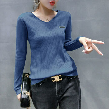春季新款长袖打底衫女春秋韩版内搭领毛衣弹力百搭针织衫上衣潮蓝色l
