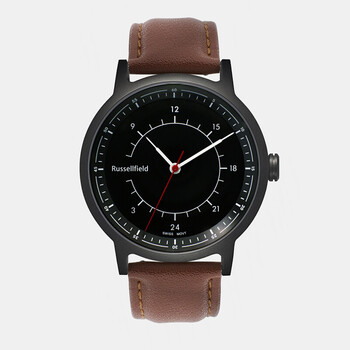 罗素菲尔德瑞士定制机芯经典男表女表24小时手表黑壳黑面深咖色皮带