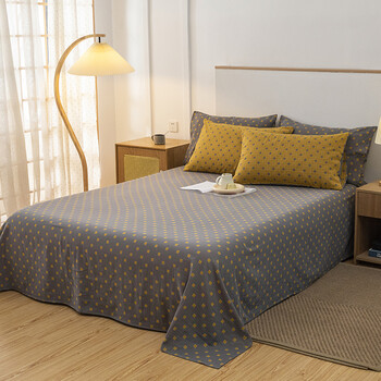 远嘉妮纯棉双层纱布线毯床单单双人全棉床单春夏午休毯薄款 黄 灰 24x