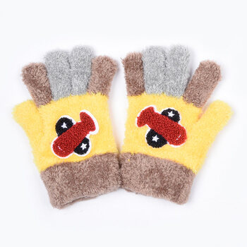 阪织屋秋冬蜜绒加厚儿童手套36岁卡通小动物贴布绣保暖五指手套蜜绒