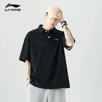 李宁polo衫男短袖t恤男款宽松夏季新款运动休闲翻领棉质男士体恤黑色
