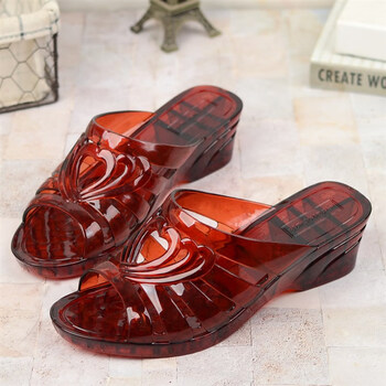 妈妈拖鞋透明防滑坡跟中老年舒适中跟老式凉拖女水晶酒红色36偏小一码