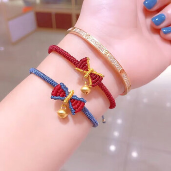 老凤凰珠宝999足金蝴蝶结在逃公主手链 黄金铃铛吊坠转运珠手绳编织款